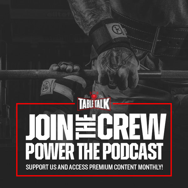 Promotional graphic for 'Table Talk' with text 'Join the Crew, Power the Podcast' and a person holding a bar