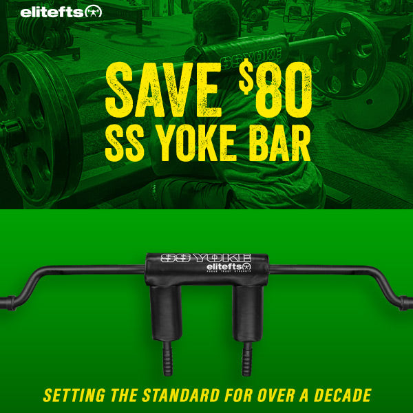 Advertisement for elitefts SS Yoke Bar with promotional text on a green background
