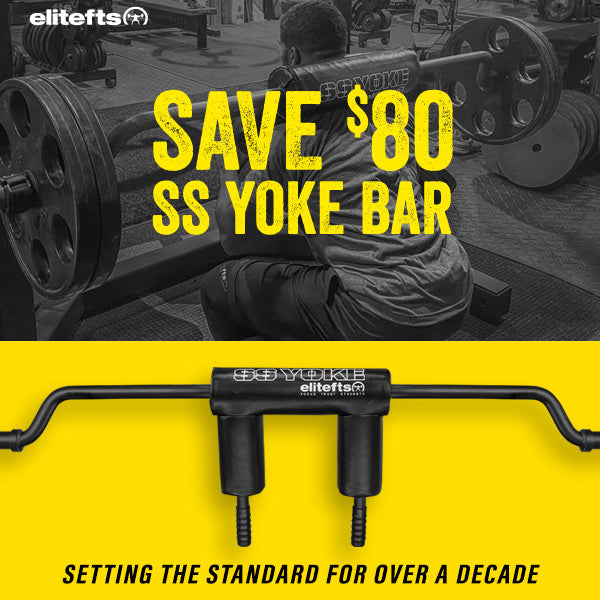 Advertisement for elitefts SS Yoke Bar with a person using gym equipment in the background.