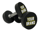 Pair of black dumbbells with 'Your Brand' text on a white background