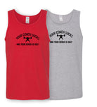 a red tank top with the Coach Sucks decal on the chest