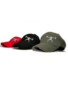 three flexfit hats, one red, one black, and one dark green, with squatters on the front