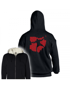 a black sherpa zip hoodie with the Ohio Squatter decal on the back